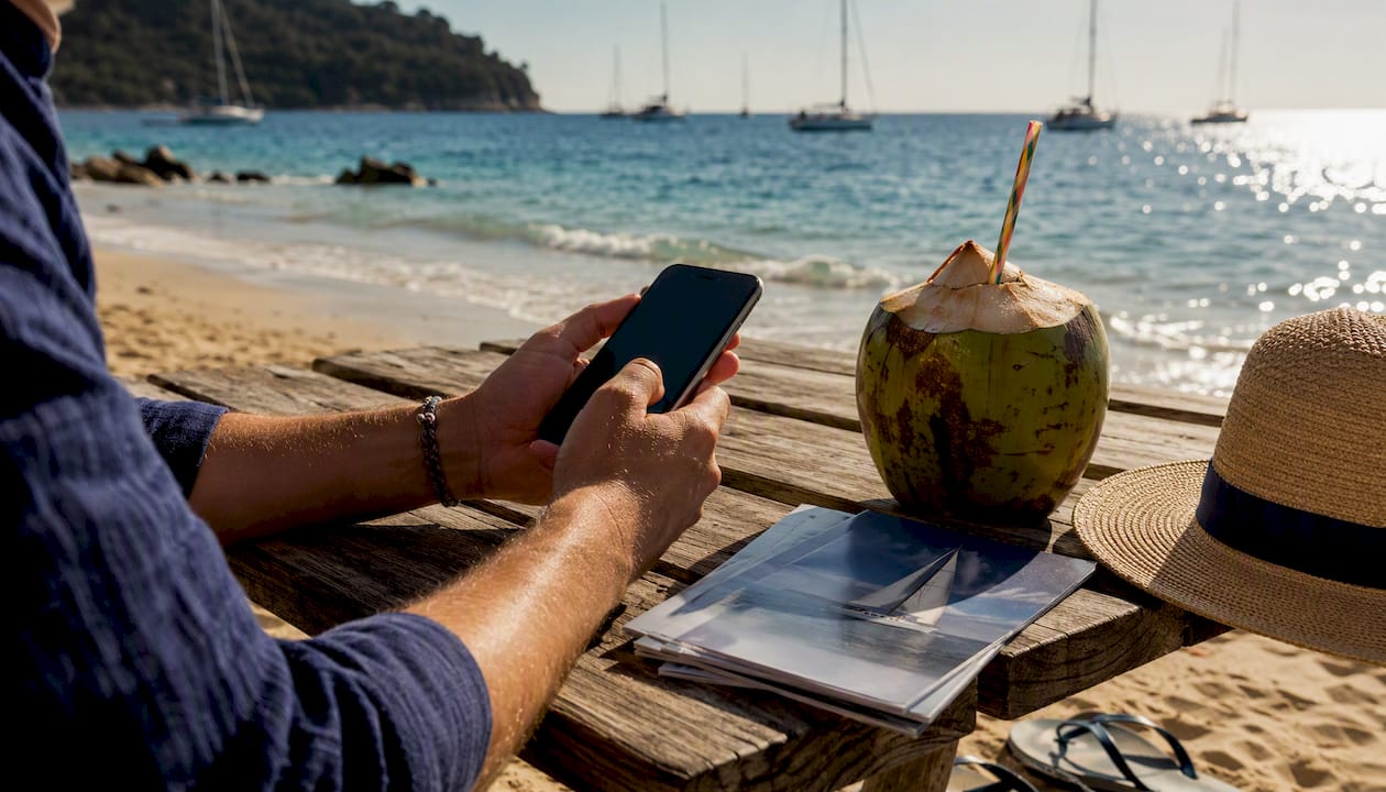 Person managing sailing trip payments on smartphone