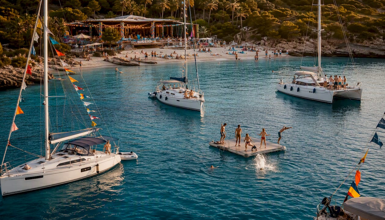 Anchored yachts with lively beach party
