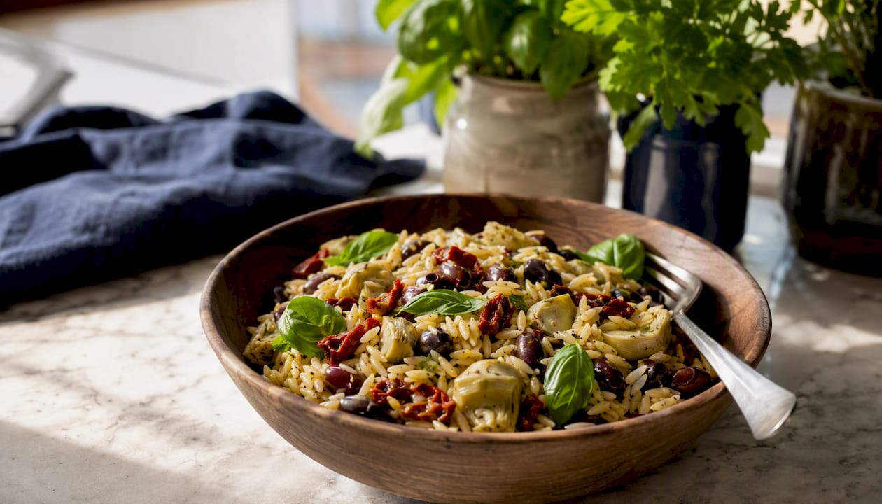 Bowl of chilled orzo salad with Mediterranean ingredients