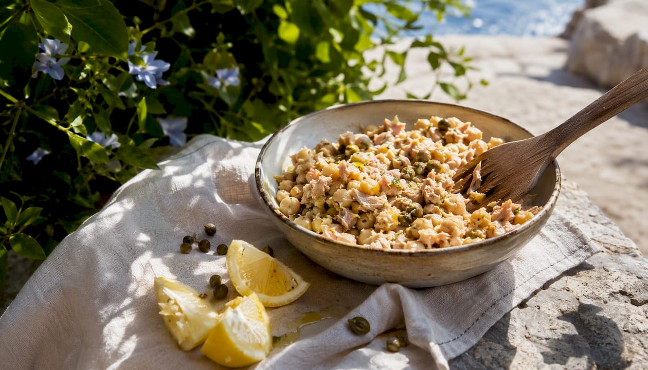 Bowl of Mediterranean tuna and chickpea mash
