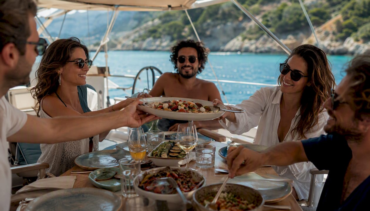 Hands serving communal meal on yacht deck