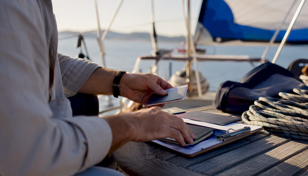 Hands organizing sailing documents on yacht cockpit bench