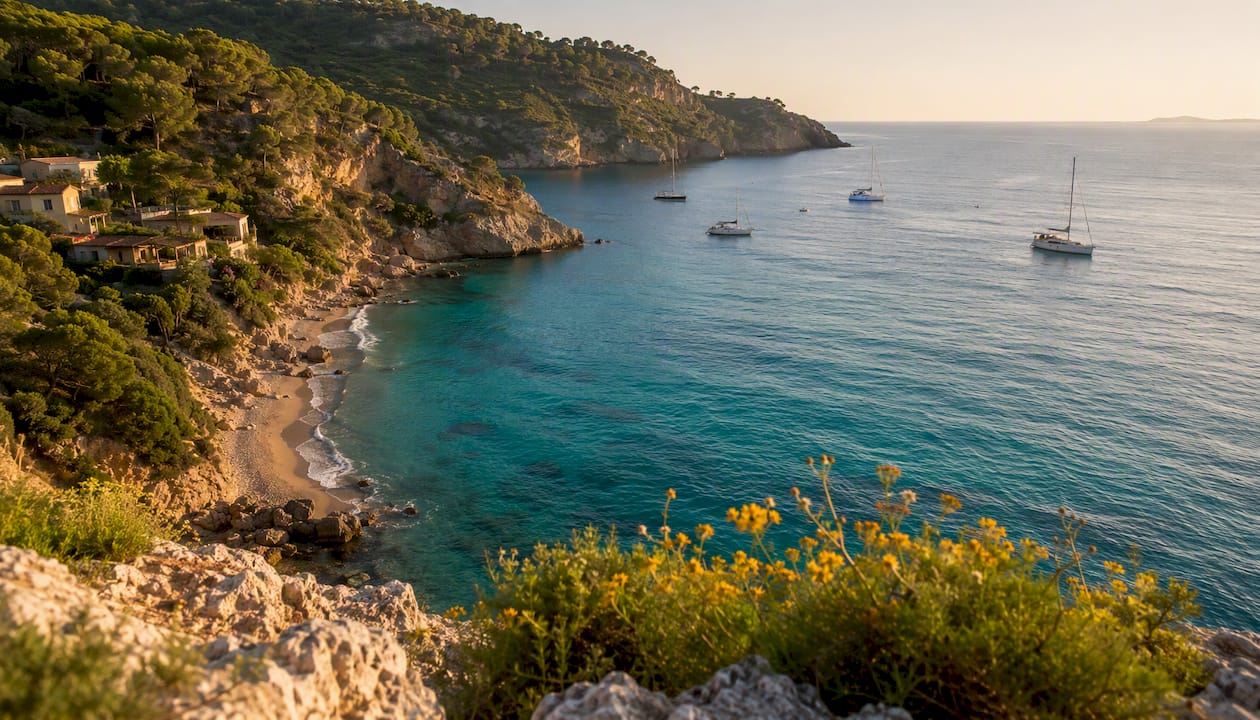 Mediterranean coast with sailboats in springtime