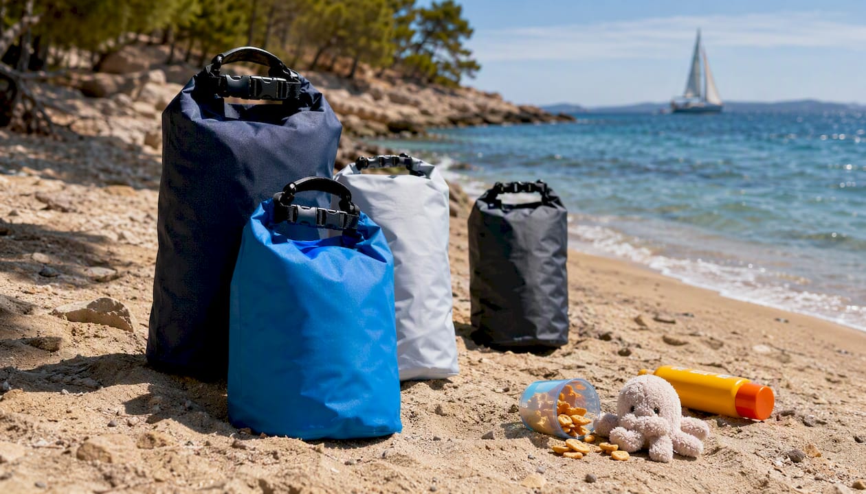 Labeled dry bags with children’s sailing essentials on yacht deck