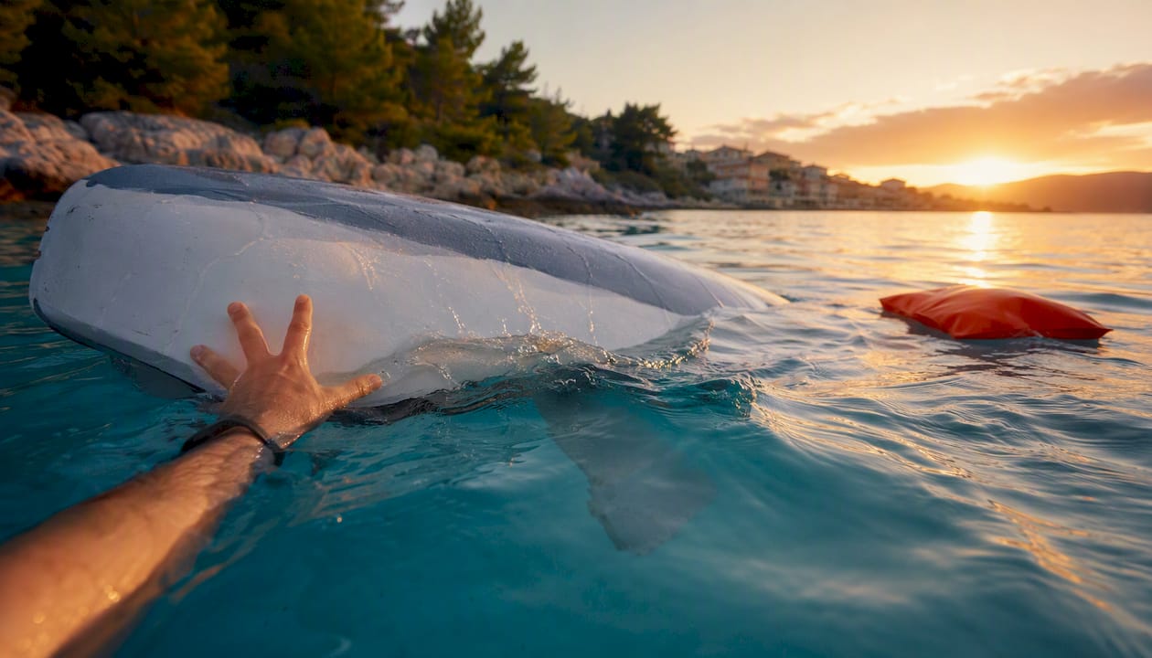 Capsized dinghy with recovery effort and rescue cushion nearby