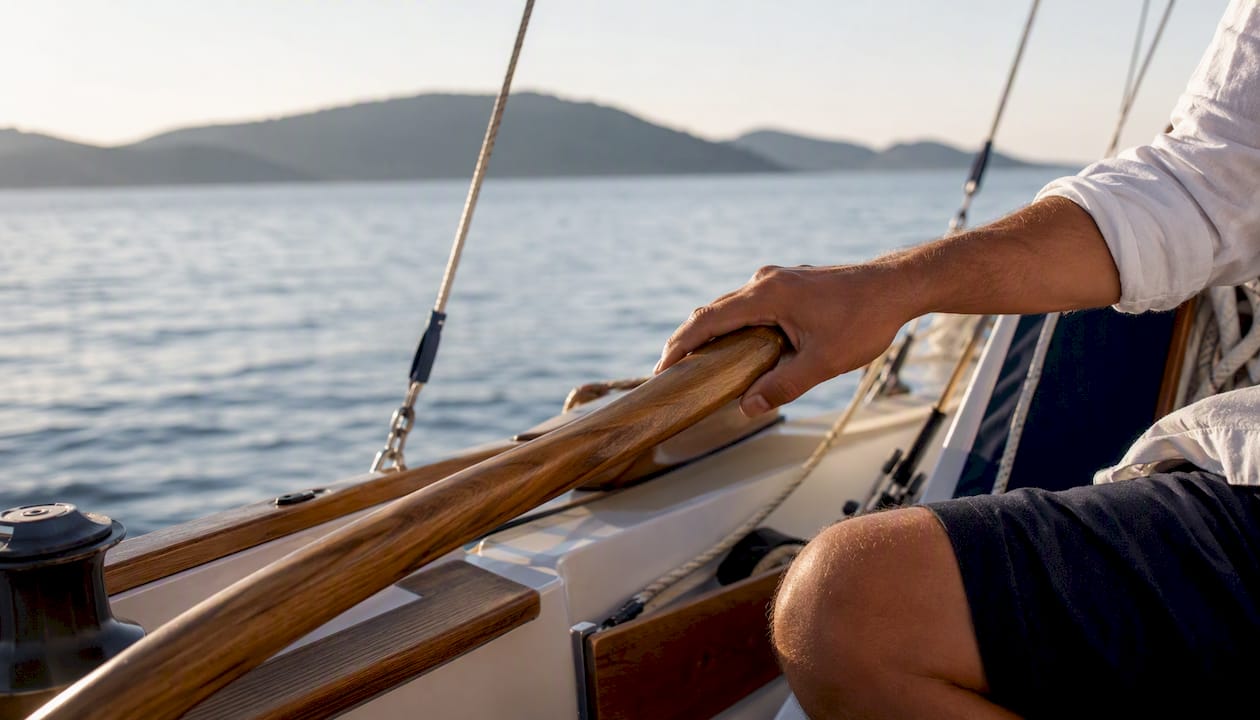 Hand steering sailboat tiller with careful helm feel
