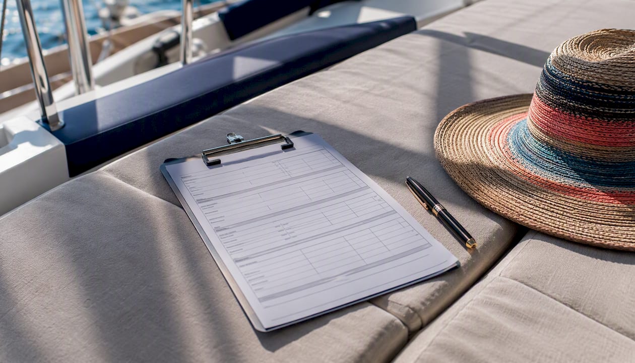 Crew list form on clipboard aboard yacht