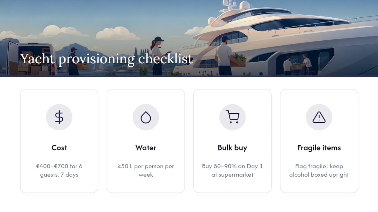 Yacht provisioning checklist quantities and cost breakdown