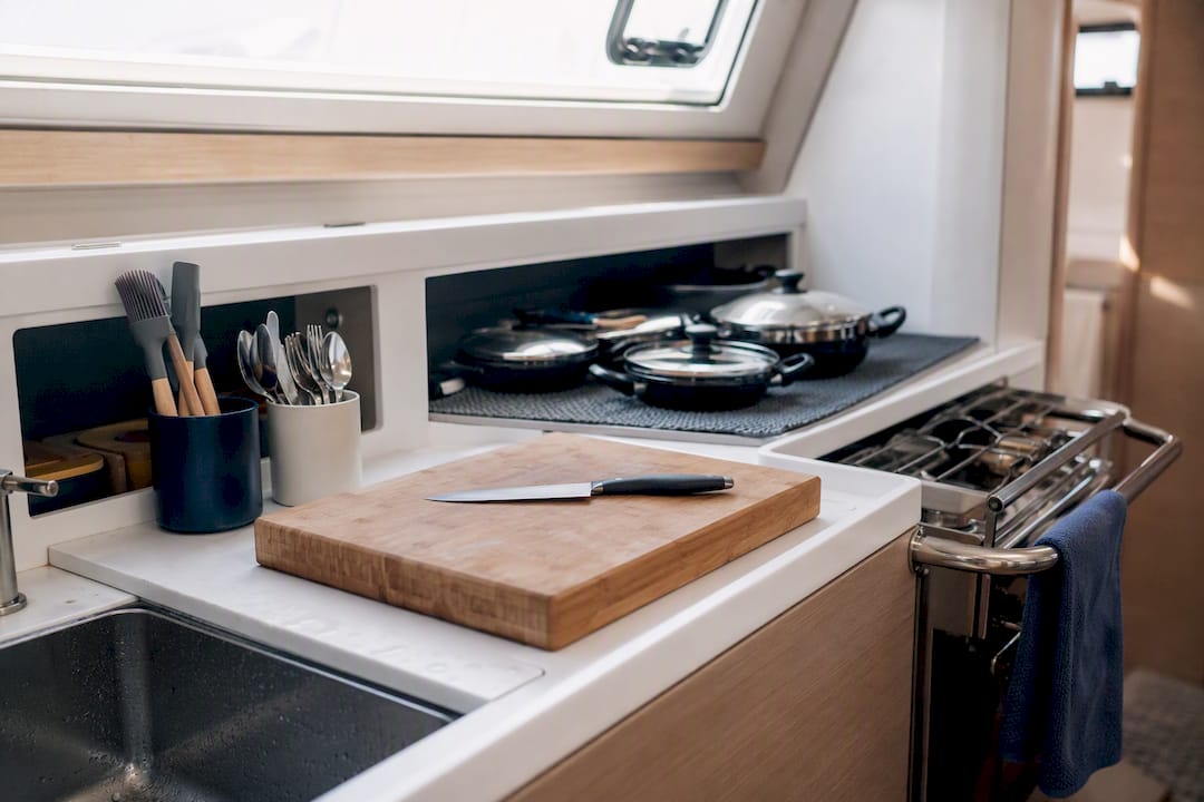 Essential galley gear neatly arranged on yacht stove