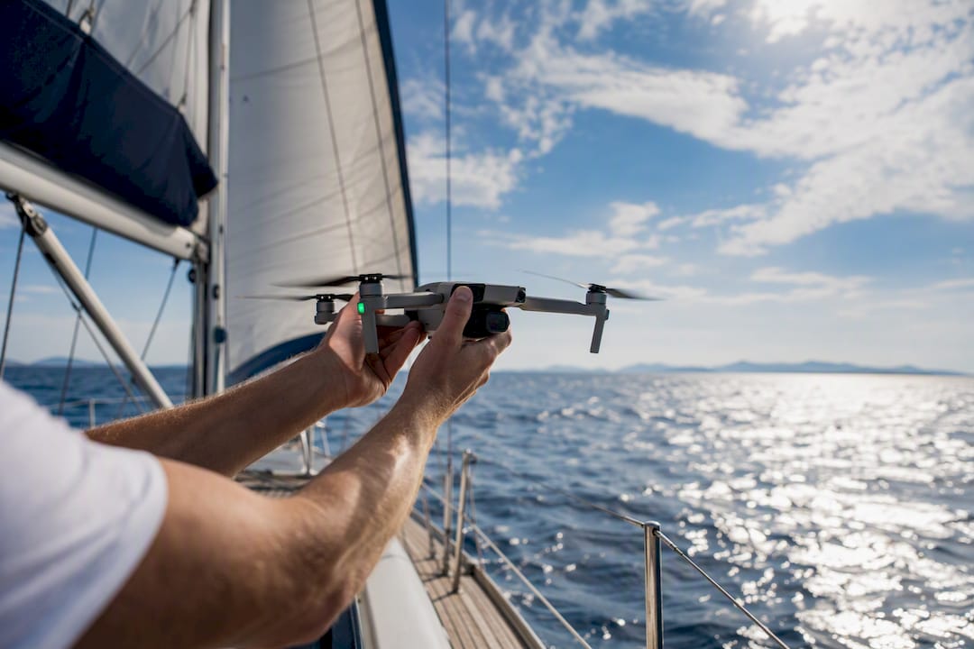 Drone launching from yacht deck over Mediterranean