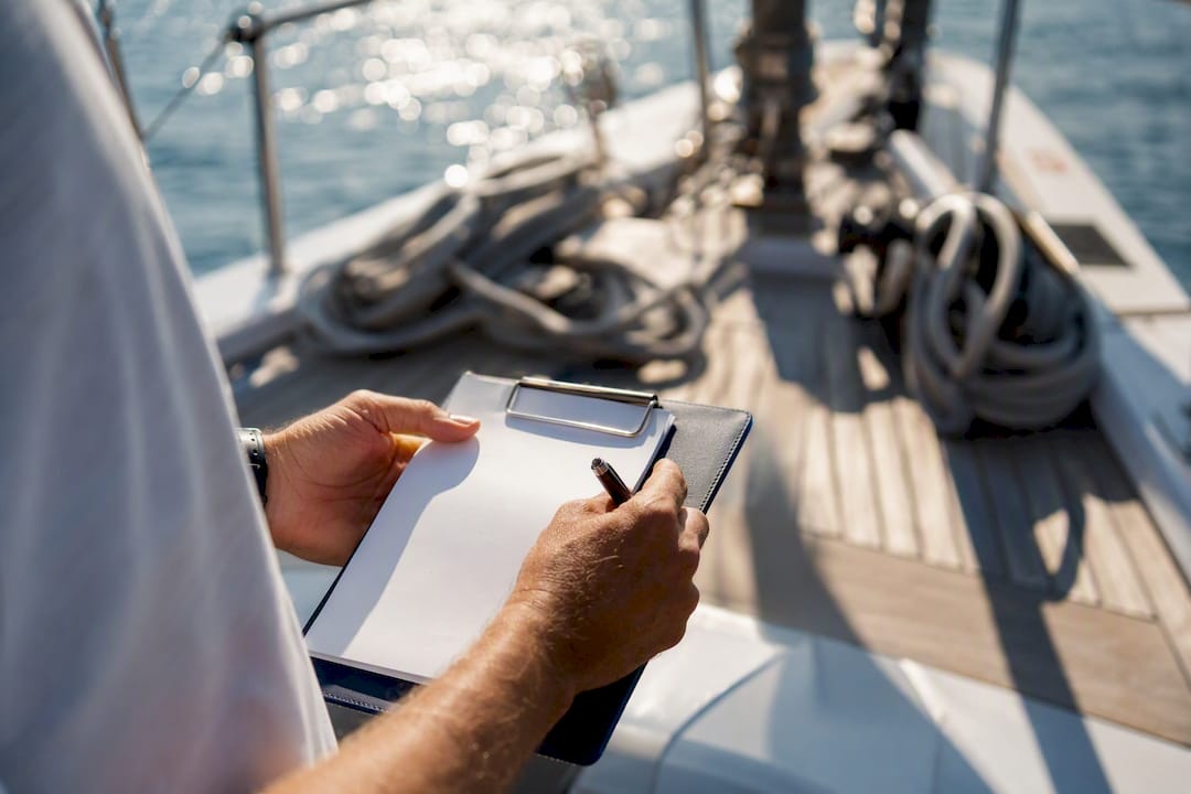 Skipper preparing pump-out schedule on yacht deck