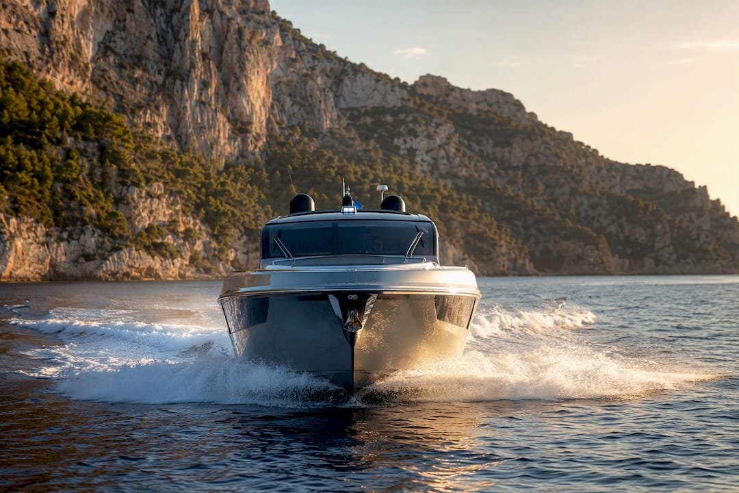 Motor yacht speeding near Mediterranean island