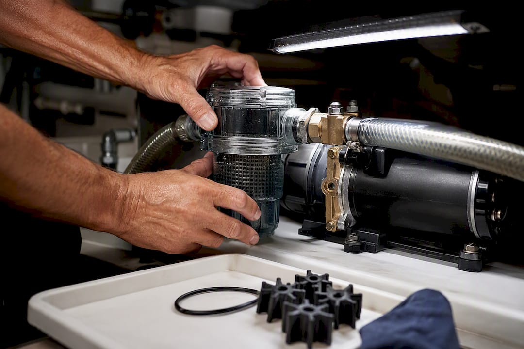 Technician inspecting marine A/C seawater strainer