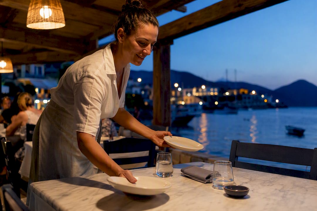 Greek taverna table at evening