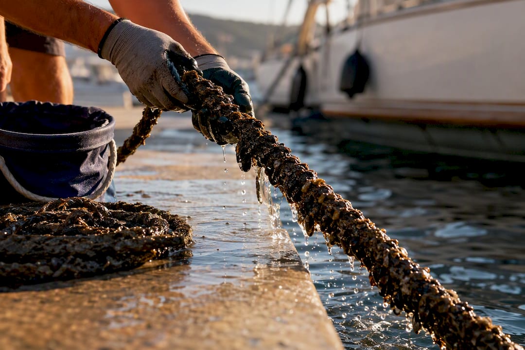 Gloved hands rinsing barnacle-covered lazy line