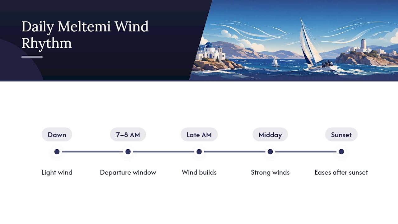 Timeline showing the Meltemi daily wind cycle