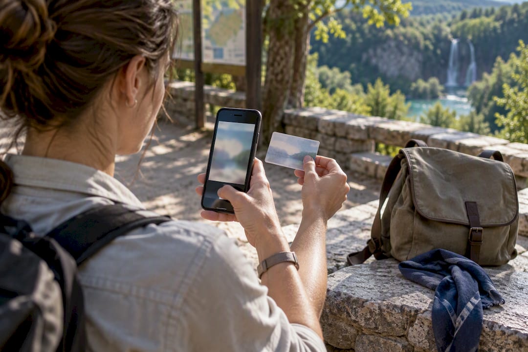 Traveler photographing discount card before park visit