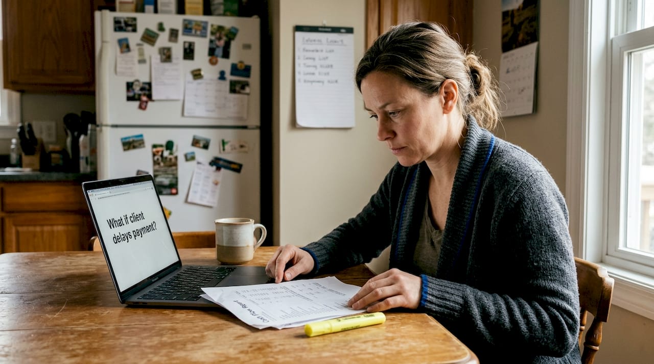 Woman stress-testing cash flow at kitchen table
