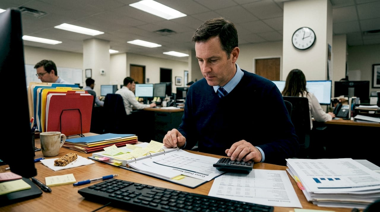 Accountant calculating gross profit margin at desk