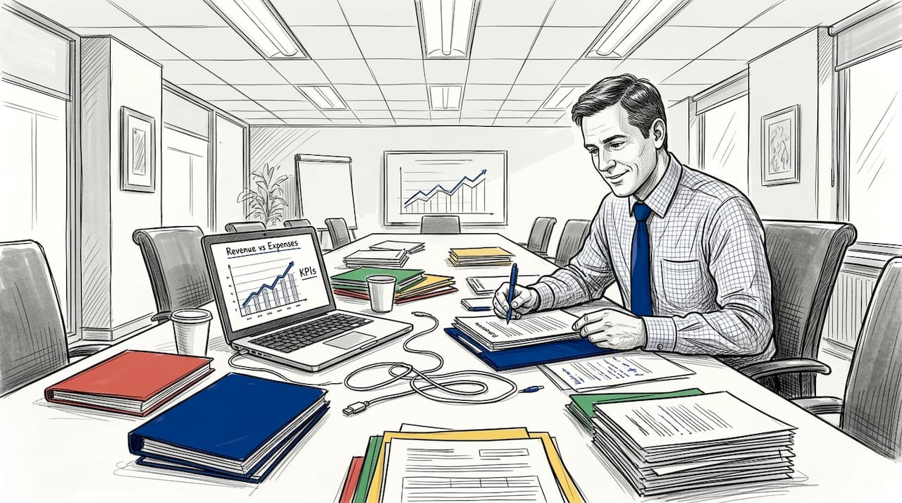 Manager analyzing profitability reports in conference room