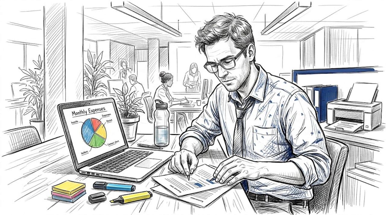 SME owner reviewing financial reports workspace