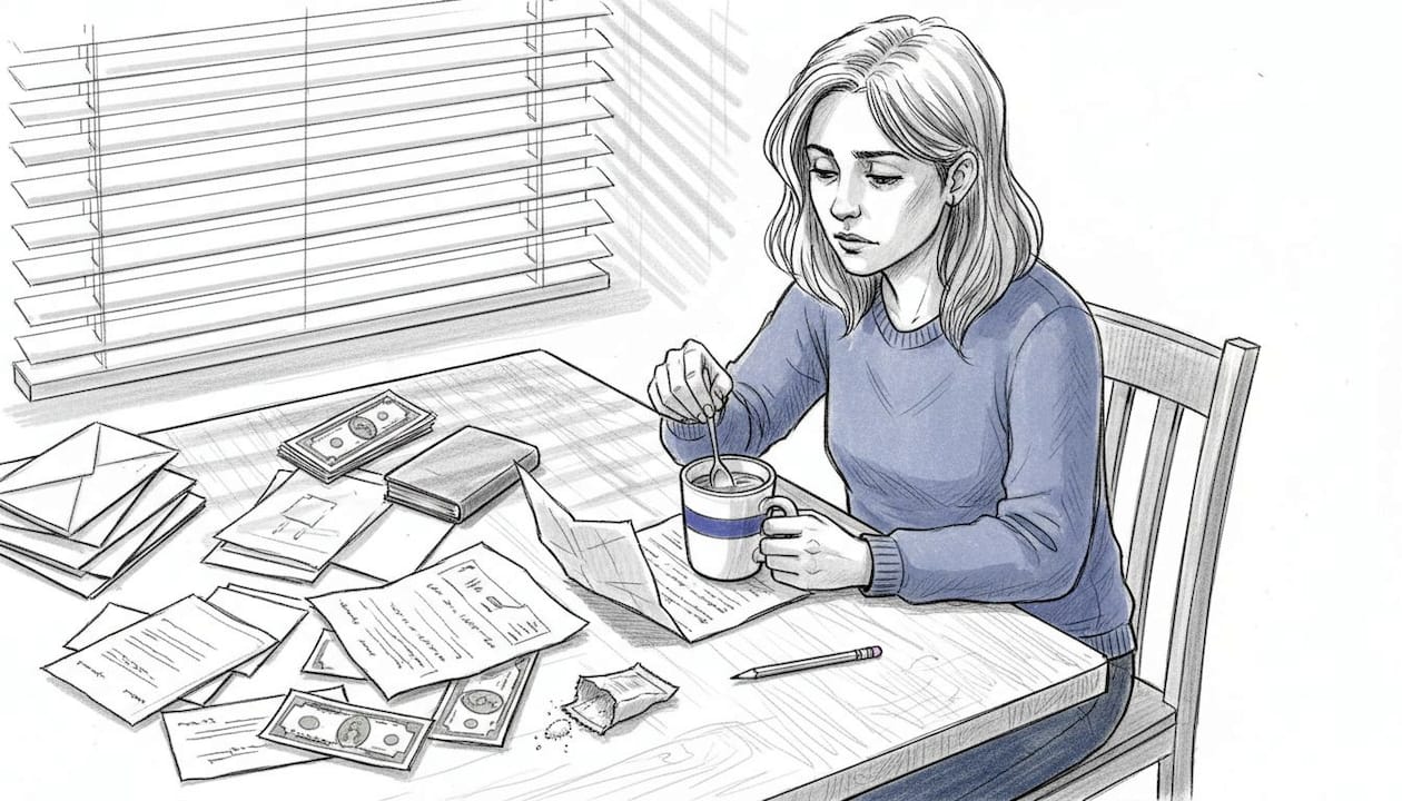 Small business owner at kitchen table with invoices