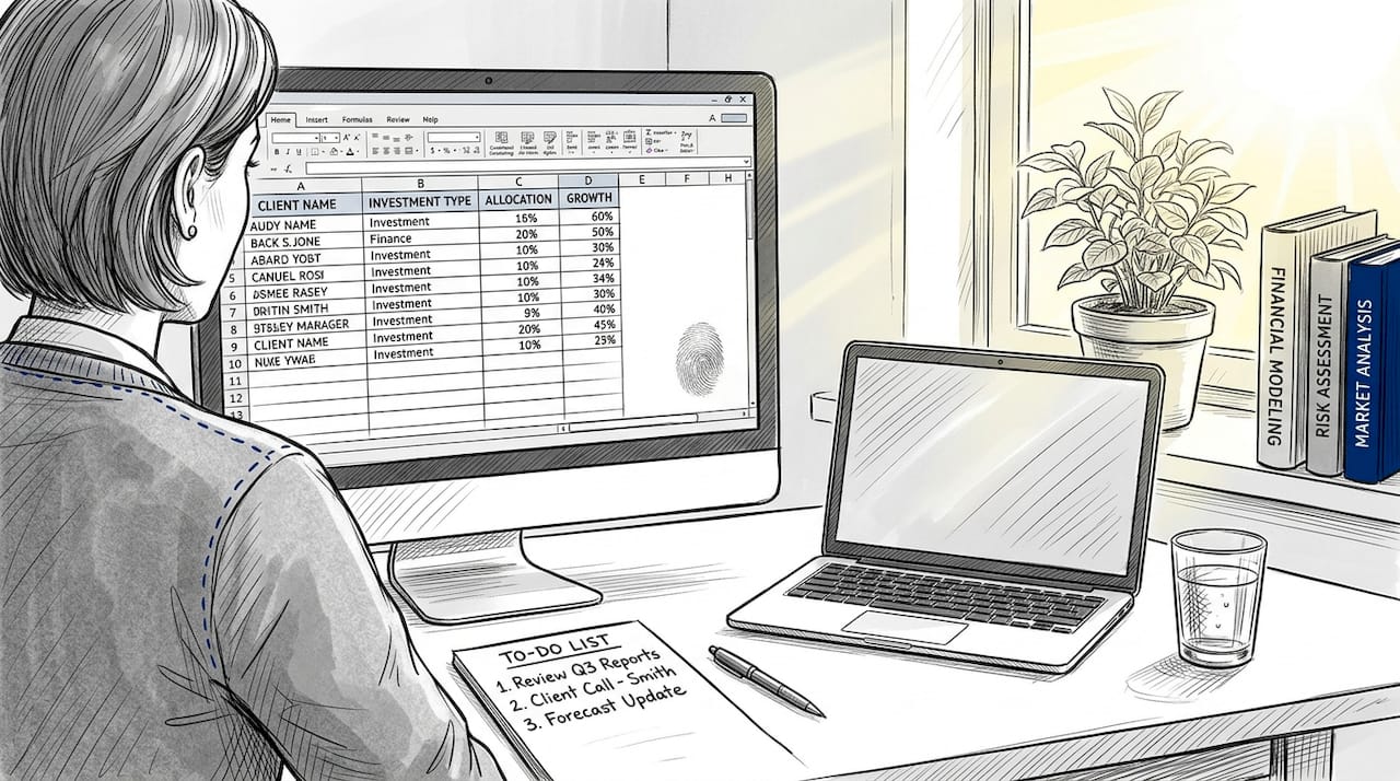 Finance consultant reviewing spreadsheet in home office