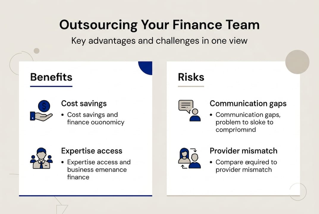 Infographic showing finance outsourcing benefits and risks
