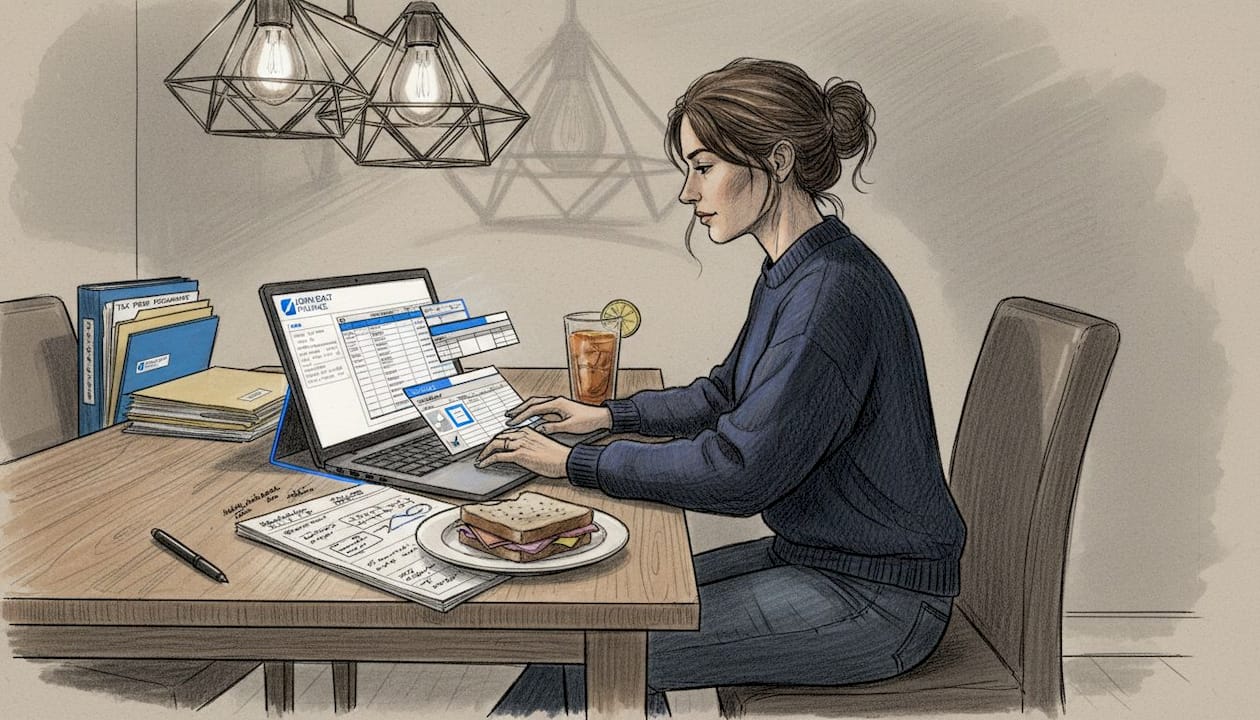 Woman updating financial model on laptop at home