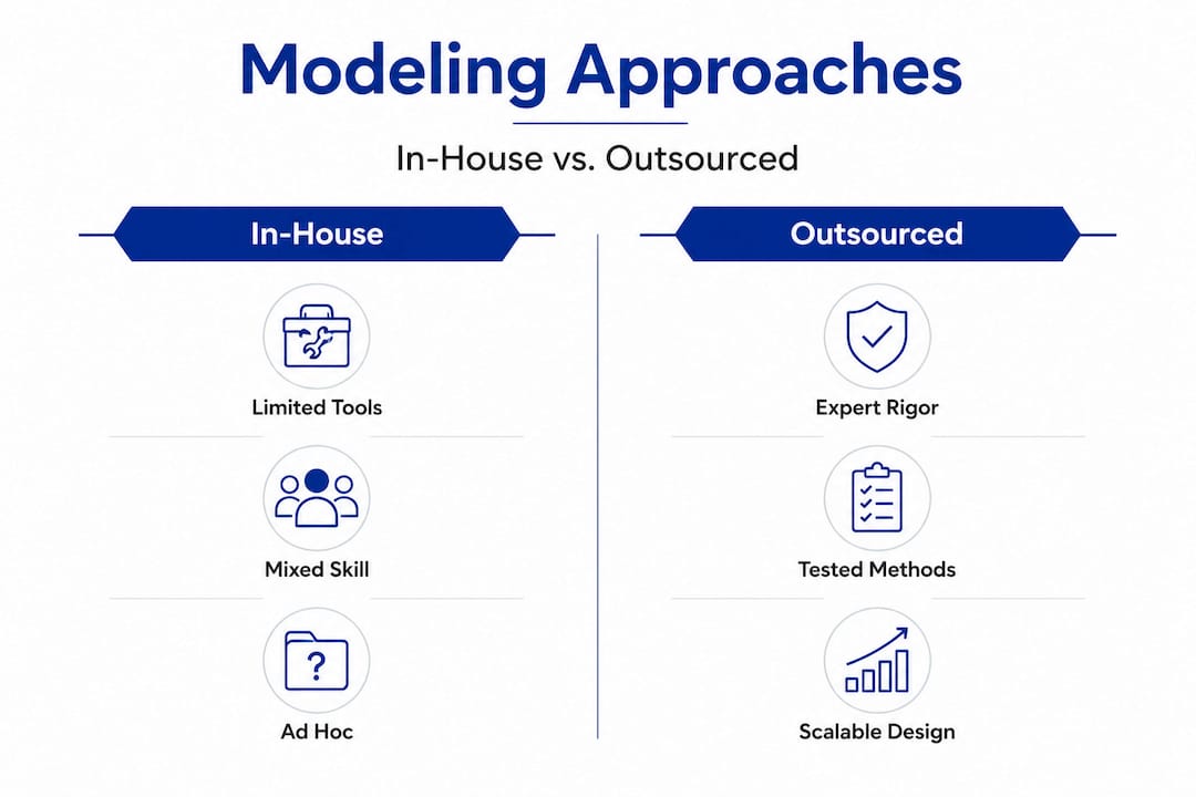 Infographic comparing in-house and outsourced modeling