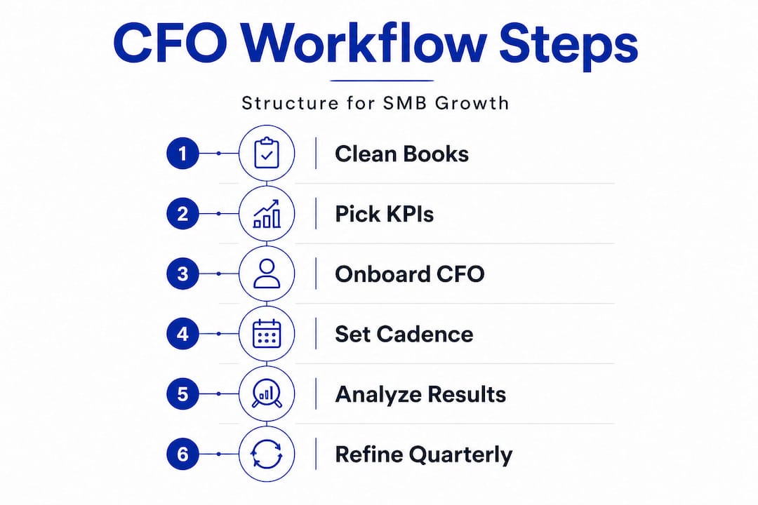 Infographic with CFO workflow step-by-step flow