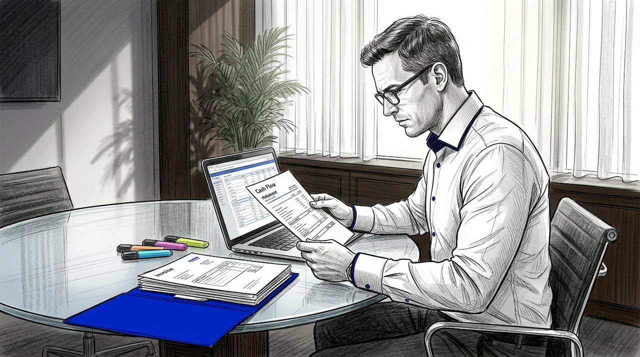 CFO reviews cash flow statement at meeting table