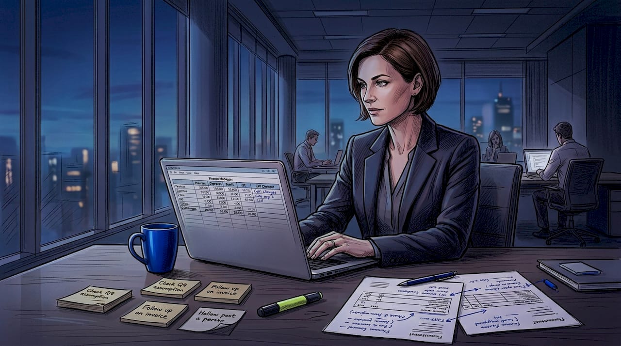 Finance manager reviews spreadsheet edits in office