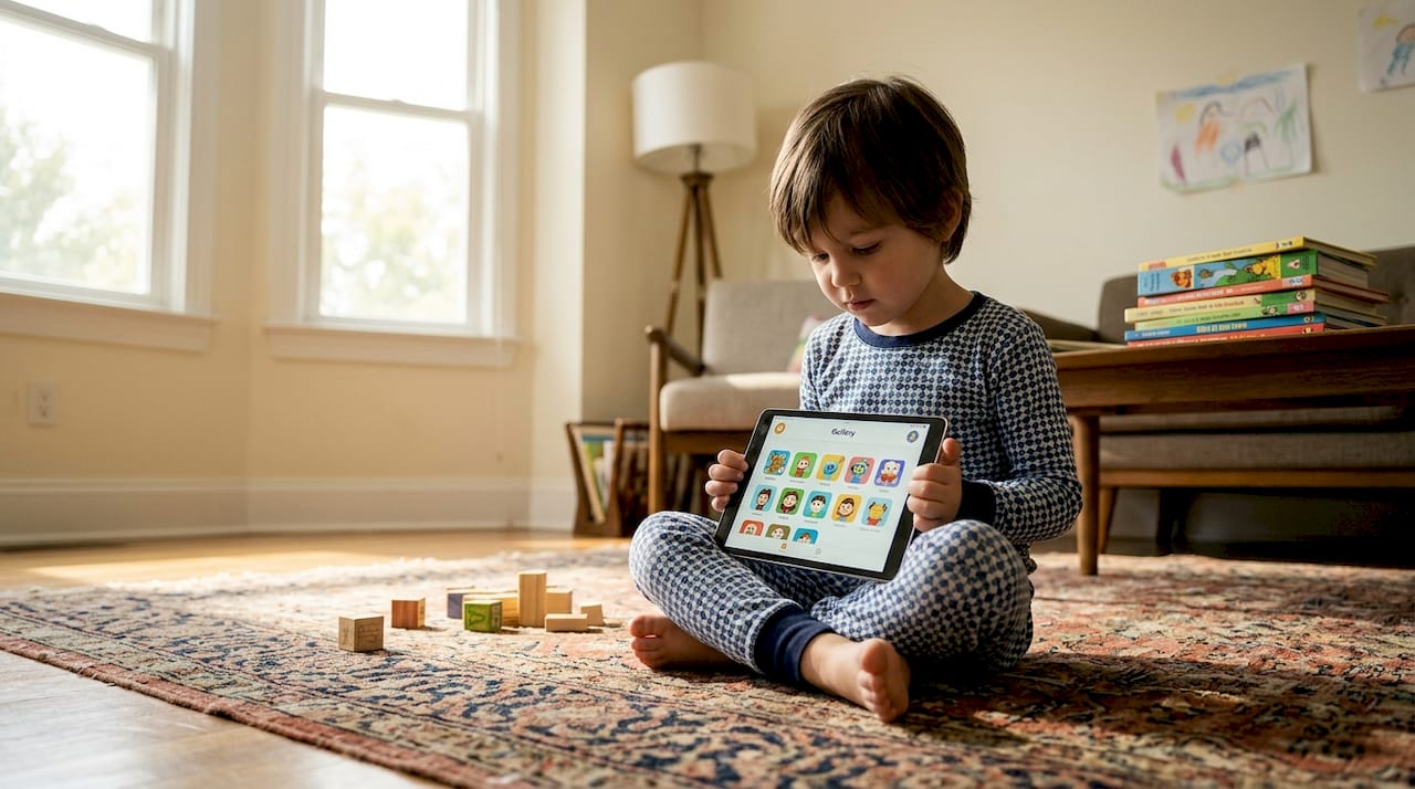 Child selects cartoon character on tablet