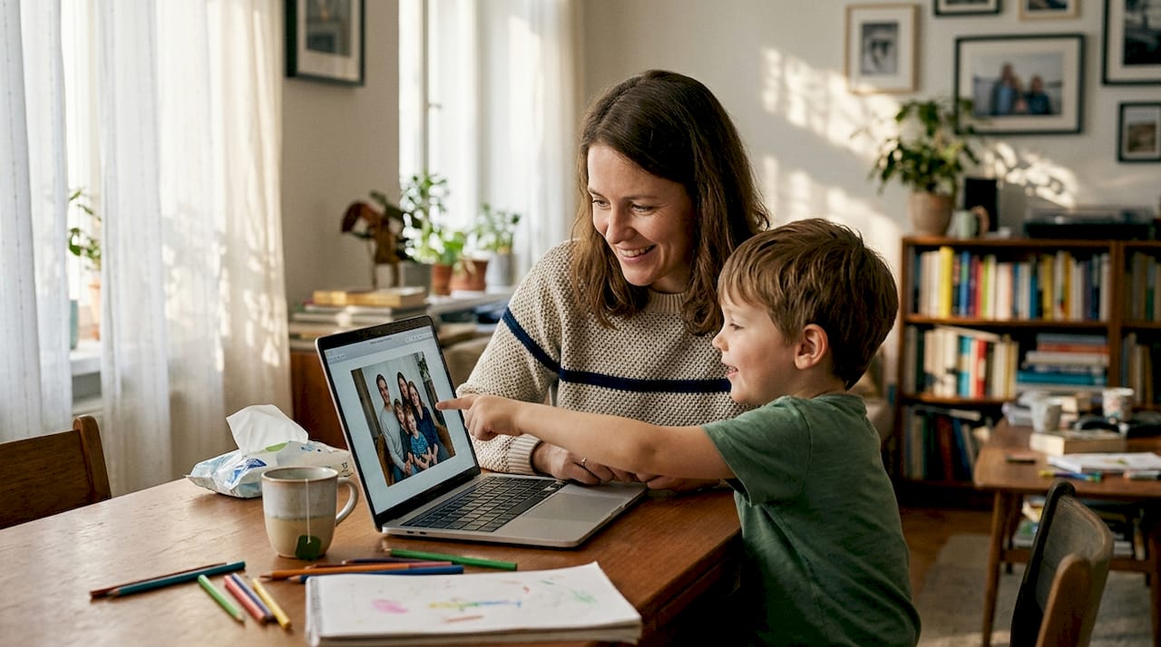 Mother and son editing family photo at home