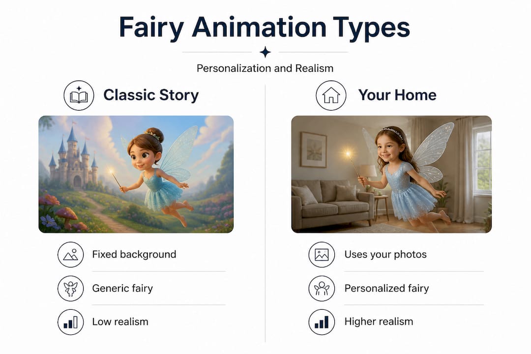 Infographic comparing fairy animation types by personalization and realism