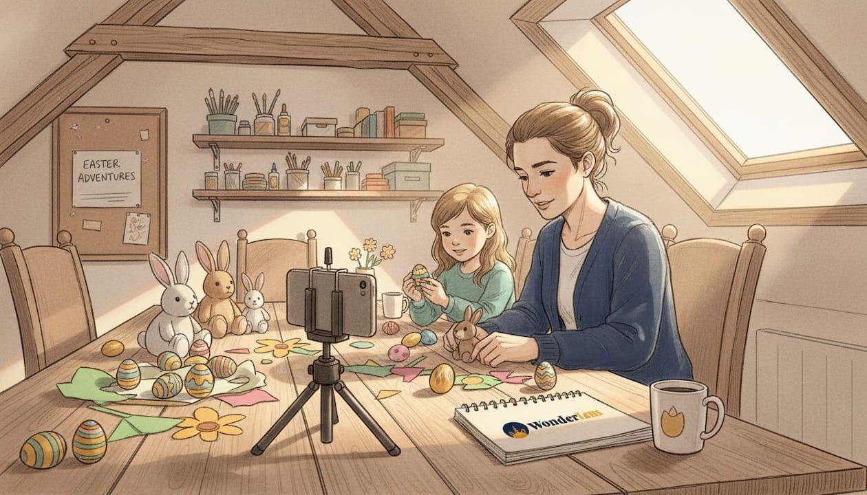 Parent and child filming Easter animation at table