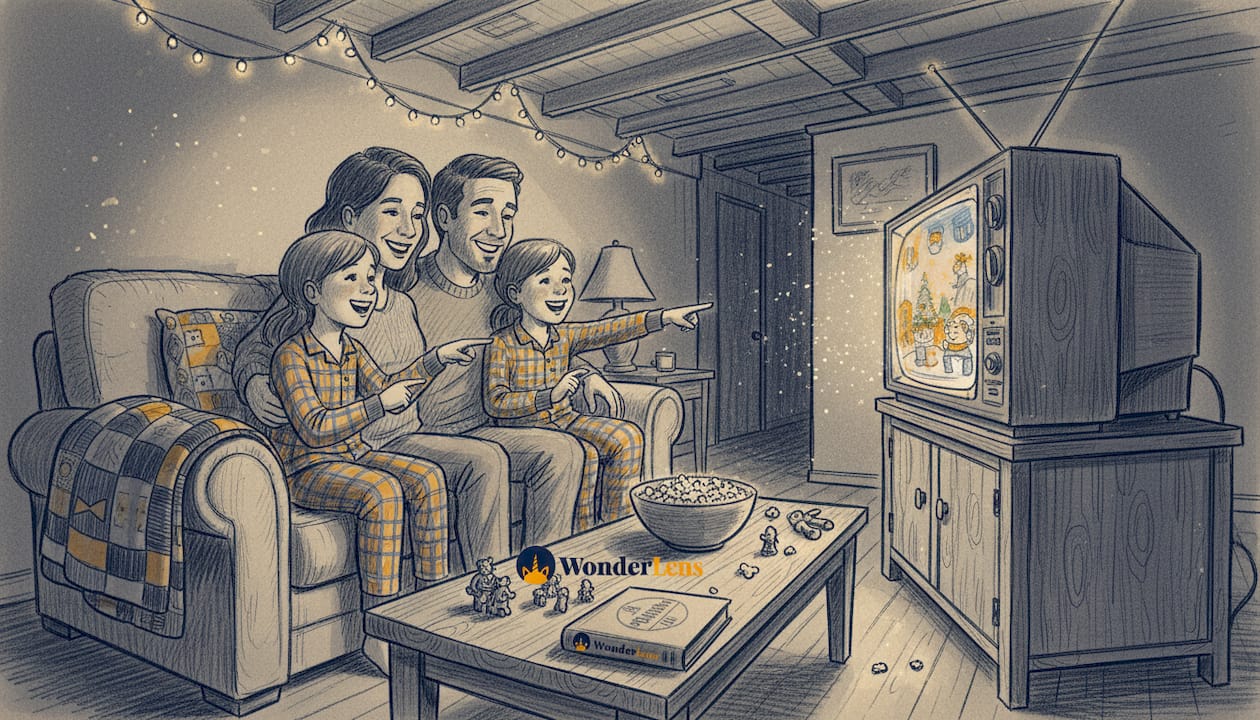 Family watching holiday video in cozy living room