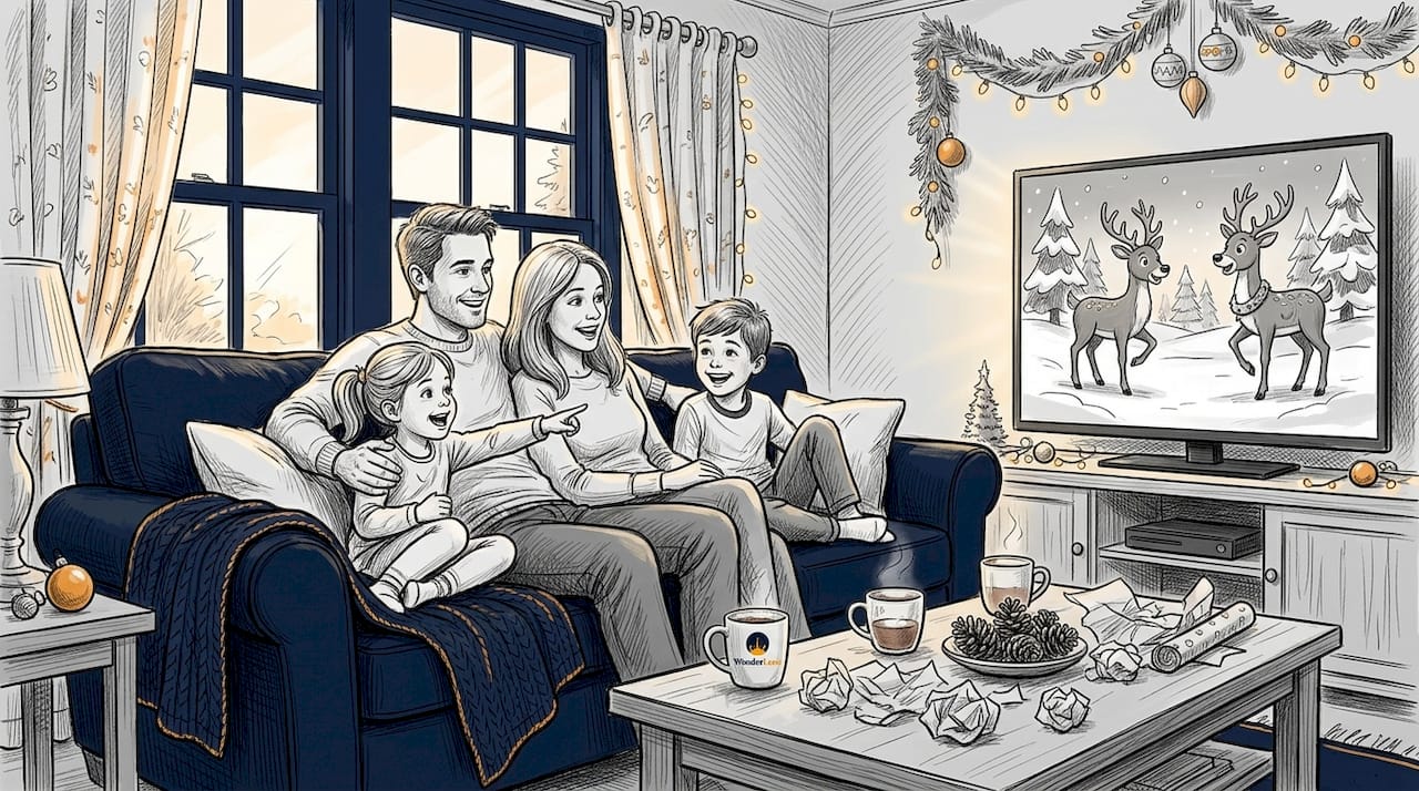 Family watching animated holiday surprise in living room