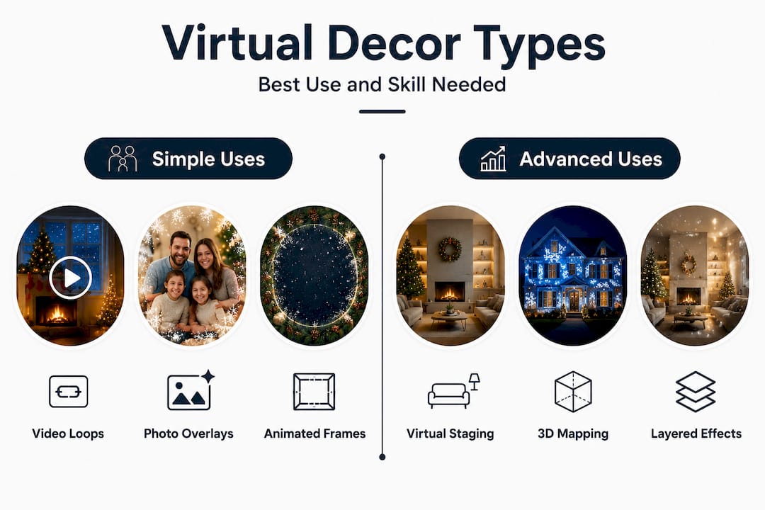 Infographic comparing simple and advanced virtual holiday decor types