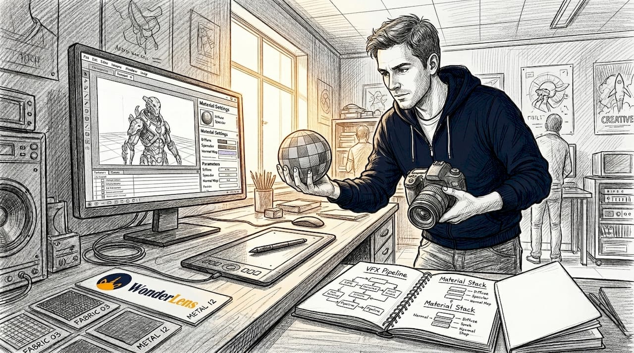 VFX artist using reference spheres and monitors