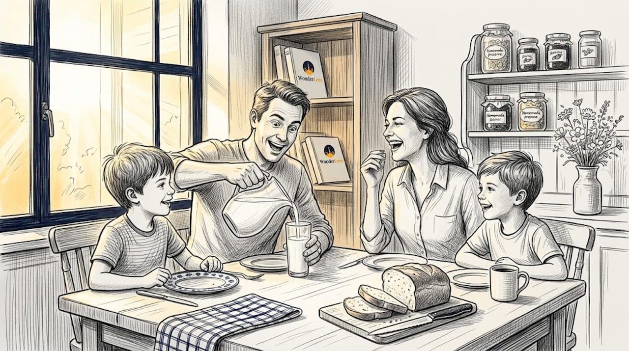 Family sharing breakfast in sunlit kitchen