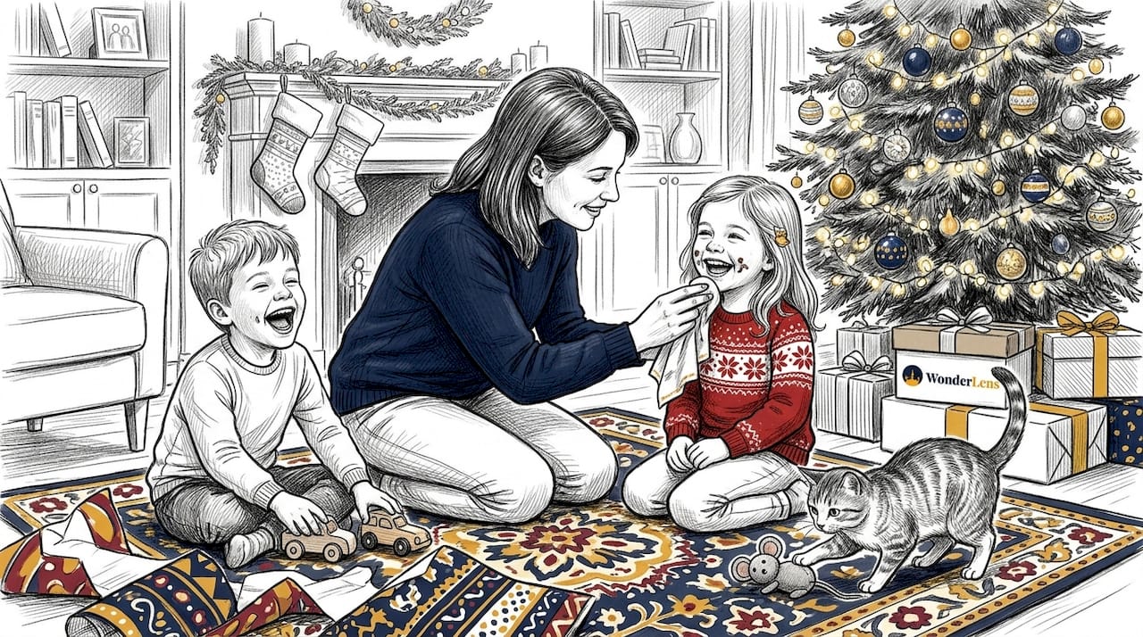 Family living room with real, imperfect holiday moment