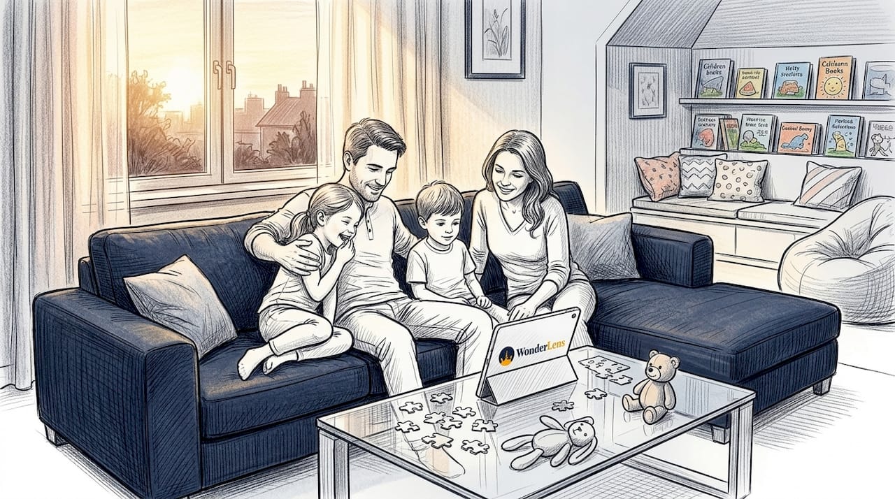 Family watching video together in living room