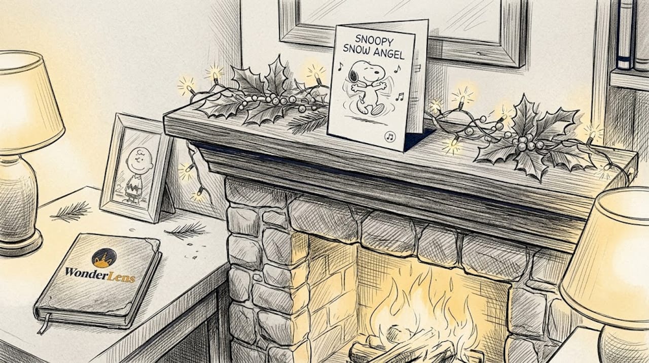 Musical Snoopy card on festive mantel
