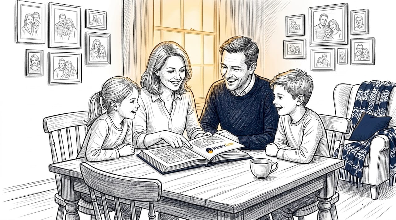 Family paging through photo album at kitchen table