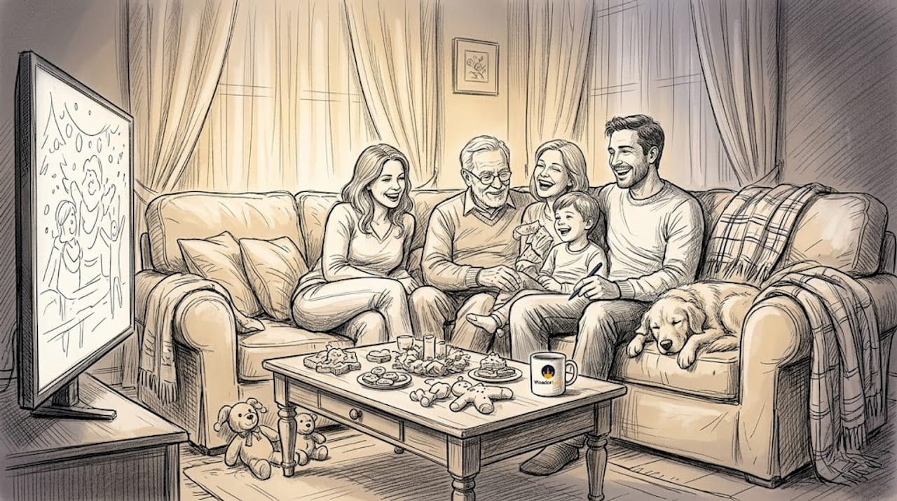 Family enjoying animation in cozy living room
