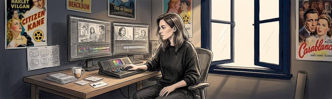 Filmmaker reviews AI video at editing desk