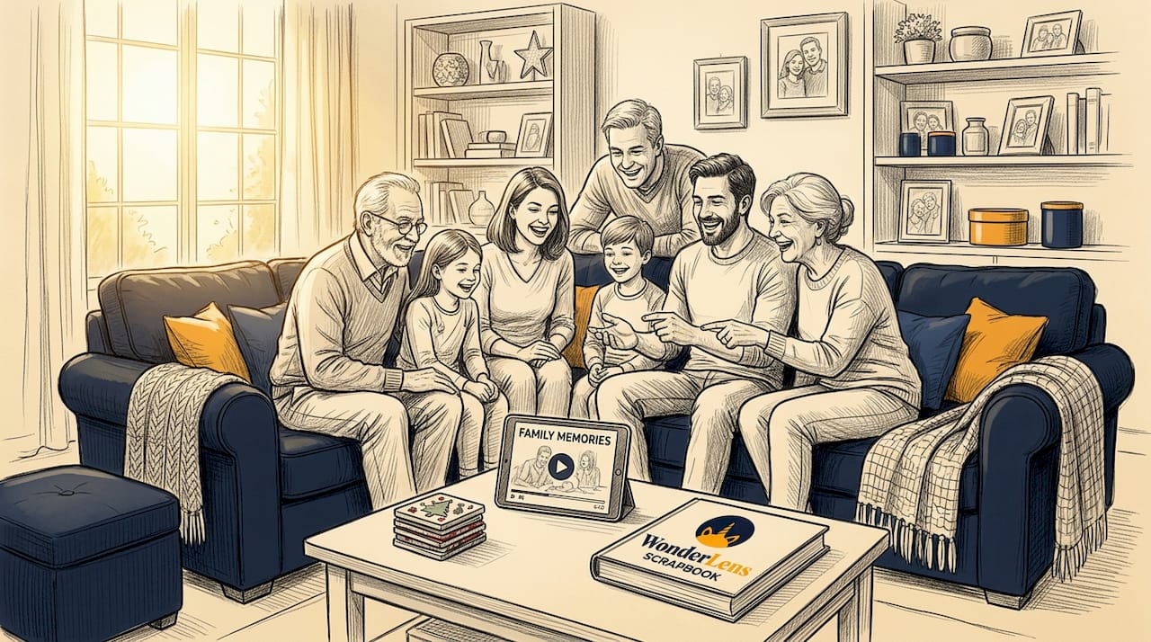 Family watching a holiday video together at home