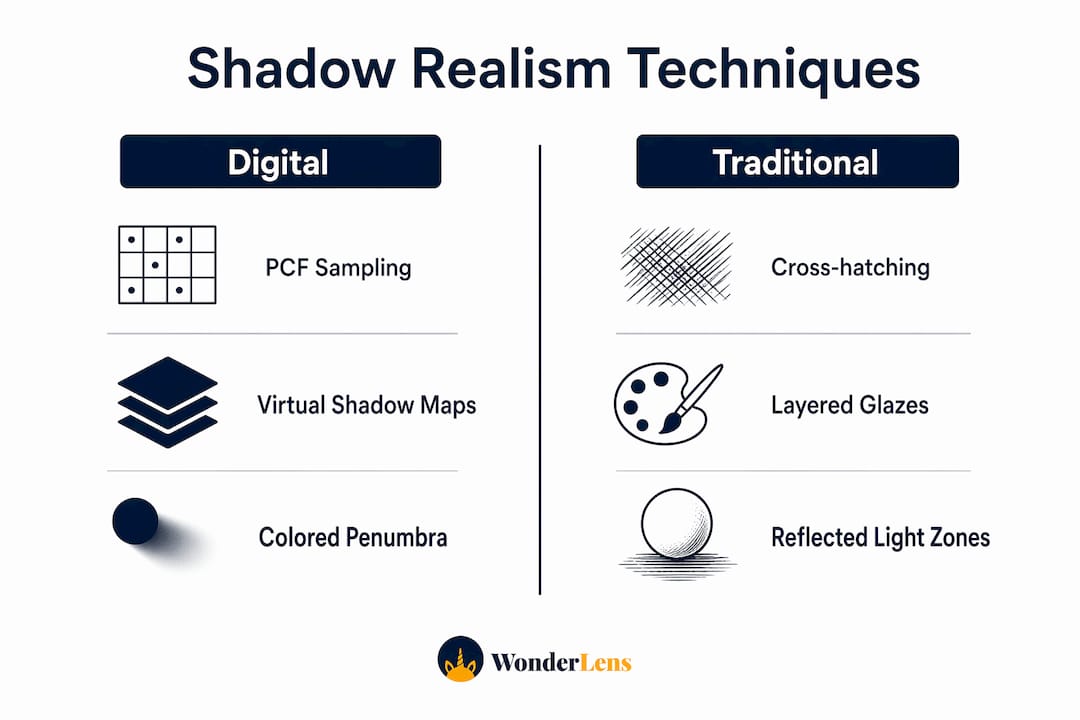 Infographic comparing digital and traditional shadow realism techniques